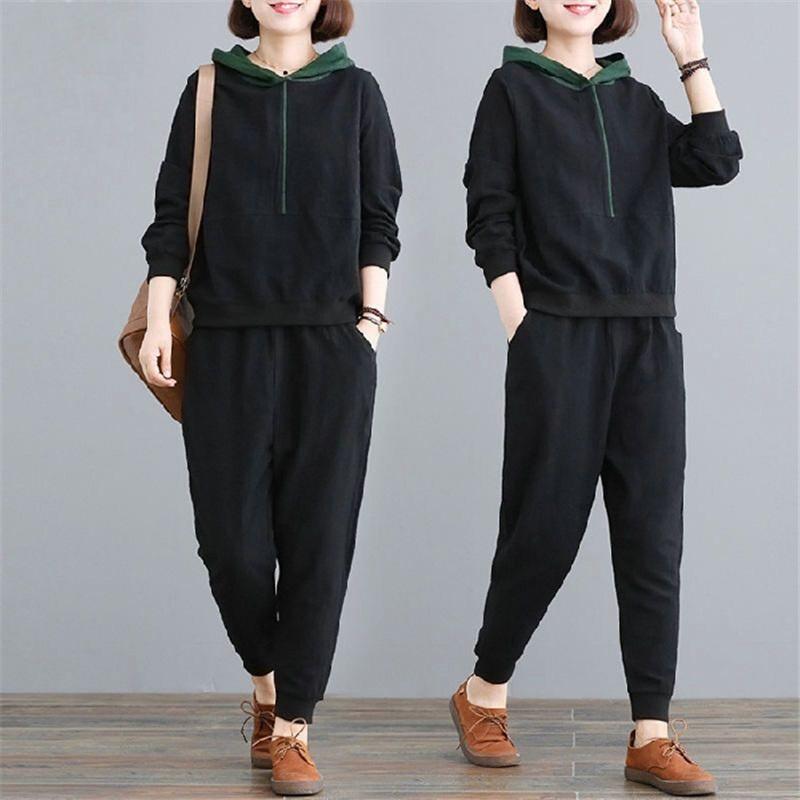 

Women s Autumn Winter Hoodie & Pants 2-Piece Casual Loungewear Set 4XL чёрный