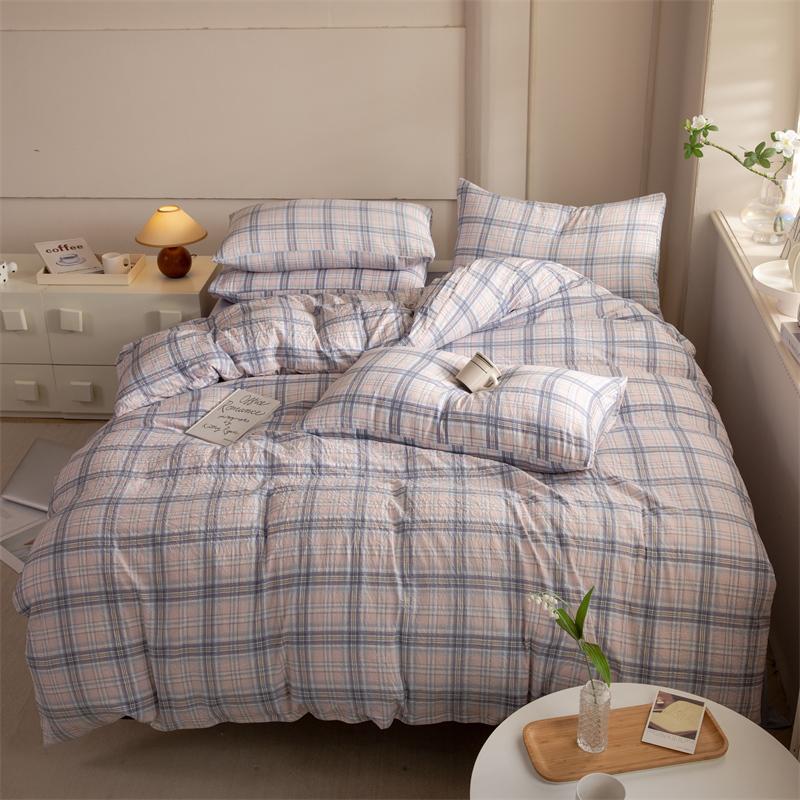 Striped Duvet Cover Set Queen 100% Washed Cotton Bedding Set, Luxury Soft Pink Vertical Ticking Stripes Comforter Cover, (3pcs)