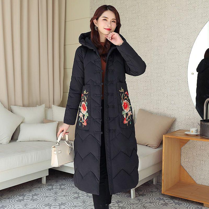 Ethnic Style Down Padded Jacket Women's Mid-length Embroidered Over-the-knee Padded Jacket Chinese Style Padded Jacket Thickened Winter Clothes