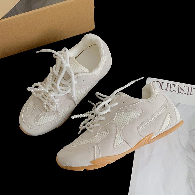 

Кроссовки женские серебристые балетки на платформе со шнуровкой и перламутровым узором, универсальные, повседневные, спортивная обувь Forrest Gump, весна 2025 г. 35 бежевый