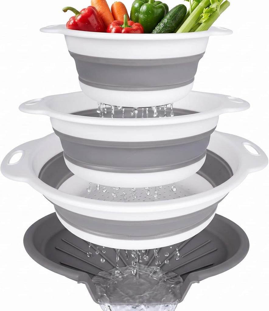 Faltbares Siebset mit Abtropfschale Lebensmittelqualität Silikon Küchensieb Platzsparend D-Griff Korb für Pasta Obst Gemüse Wohnmobil Set