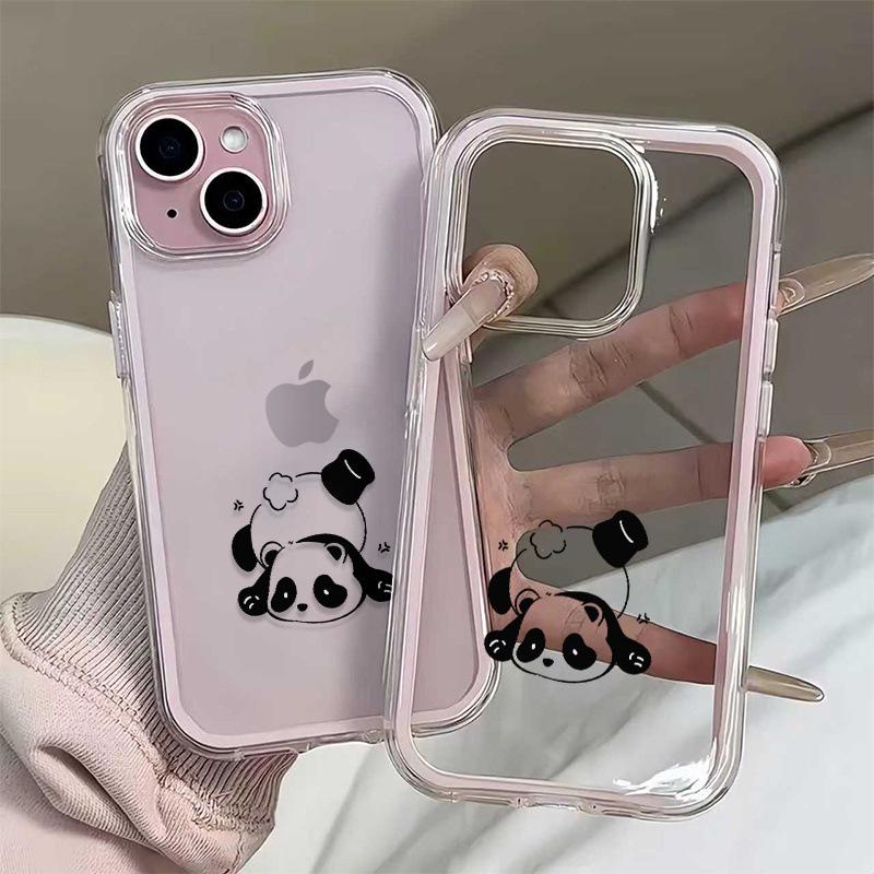 Panda Apple Phone Case for iPhone 16 Pro Max/17, Cute, Drop-proof, Large Hole Design, Transparent Soft Cover