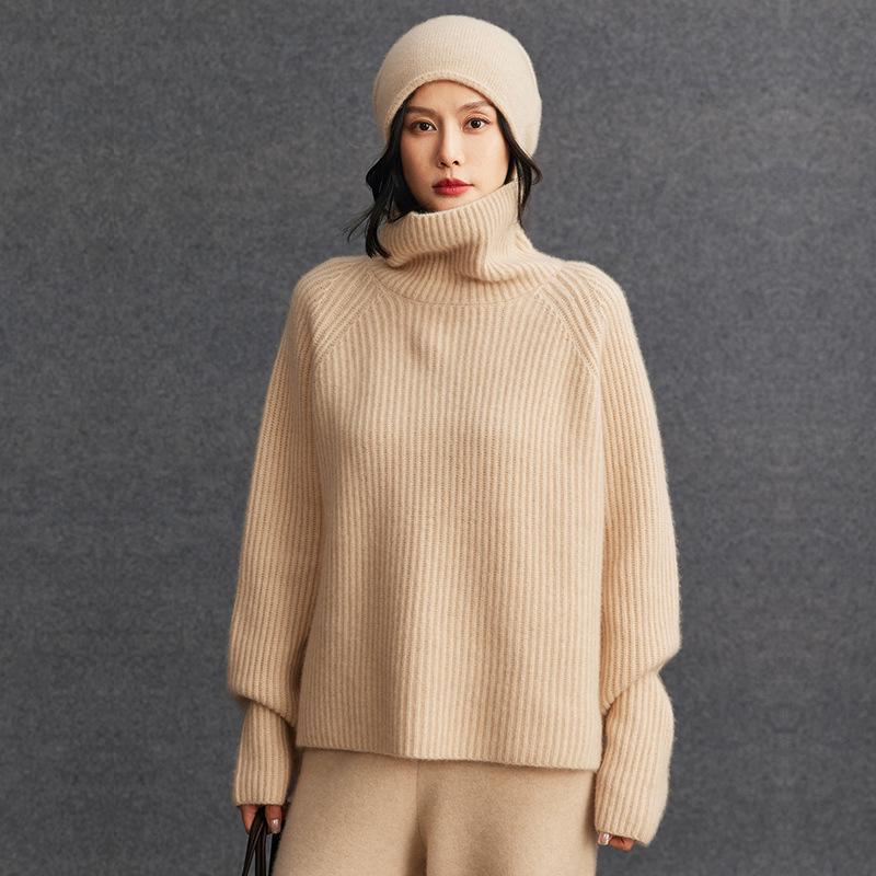 Women's High Neck Ribbed Knit Cashmere Sweater - Autumn/Winter Raglan Sleeve, Thickened Base Layer, Lazy Style