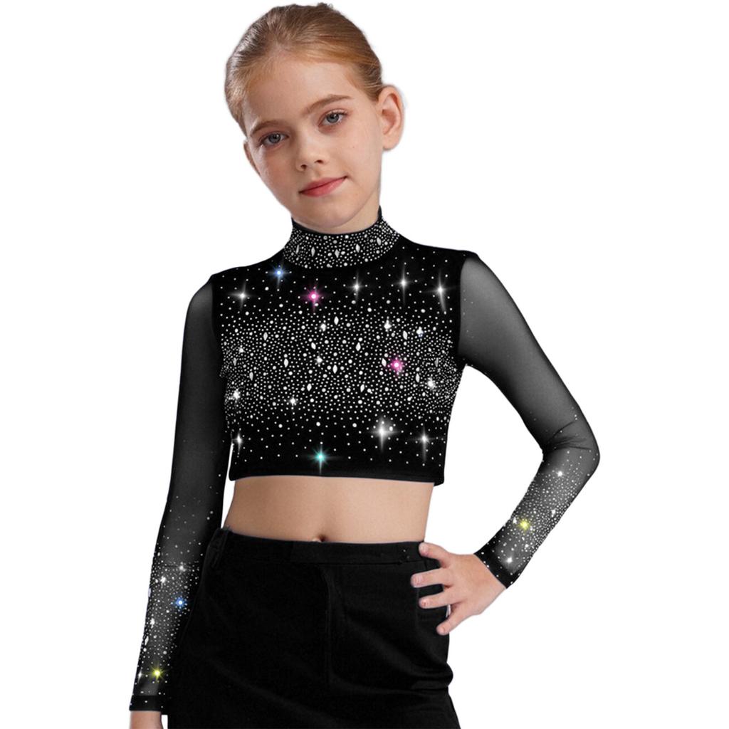 Dívčí průhledný síťovaný crop top s dlouhým rukávem a rolákem, lesklé kamínky, klíčová dírka vzadu, kostým pro lyrický tanec