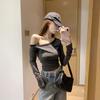 Sexy Spice Girl Ein-Wort Schräg Schulter Gestreift Langarm T-Shirt Damen 2026 Herbst Off-Shoulder Enganliegend Unterhemd Oberteil