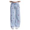 Girl's Bow Cherry Print Baggy Jeans, Wide Leg Mid Waisted Denim Pants, Zipper Fly Elastic Casual Jeans Streetwear with Pockets