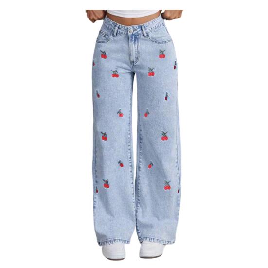 Girl's Bow Cherry Print Baggy Jeans, Wide Leg Mid Waisted Denim Pants, Zipper Fly Elastic Casual Jeans Streetwear with Pockets