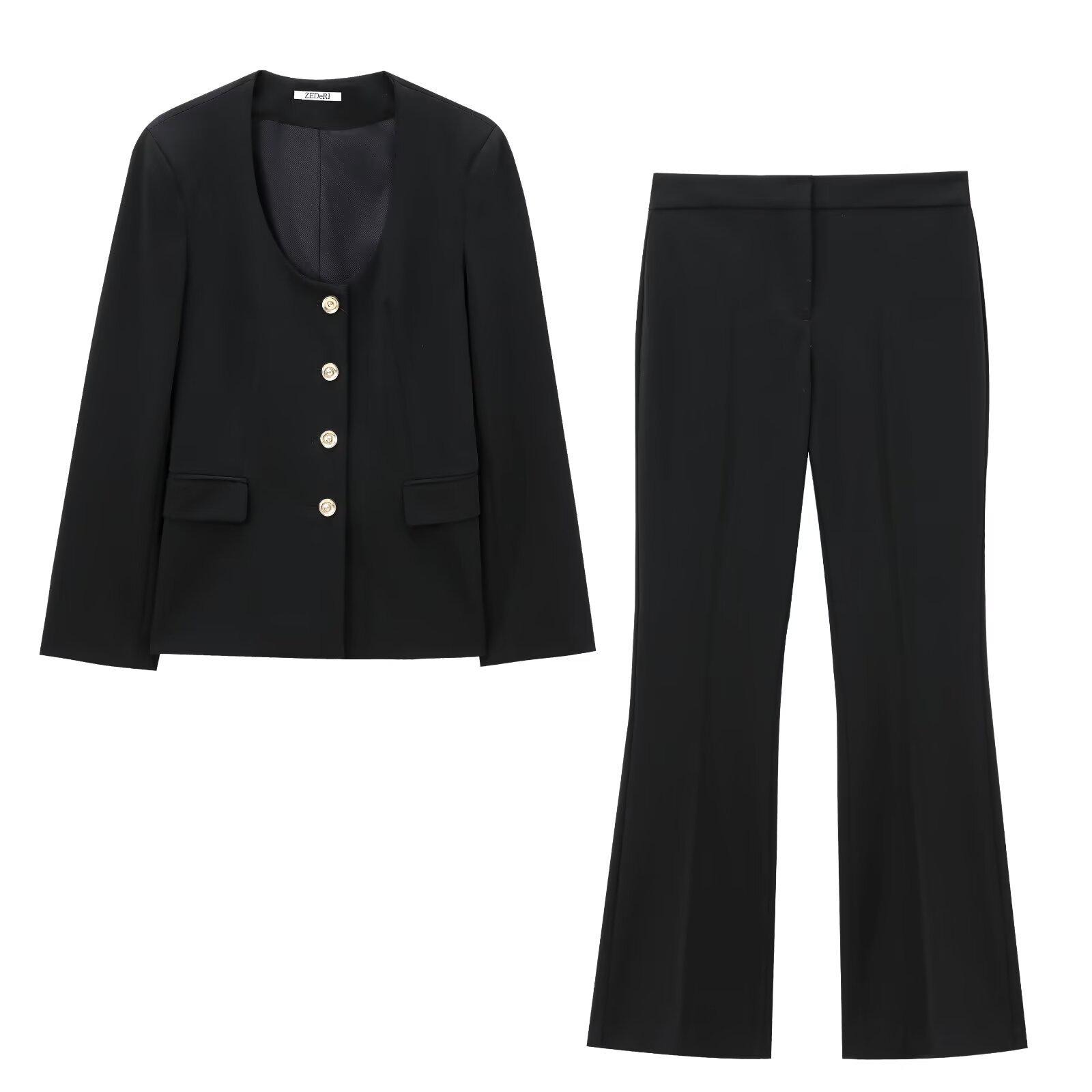 

2025 Spring/Autumn Women s Casual Suit: Round Neck Long Sleeve Jacket & Long Pants Fashion Set XS