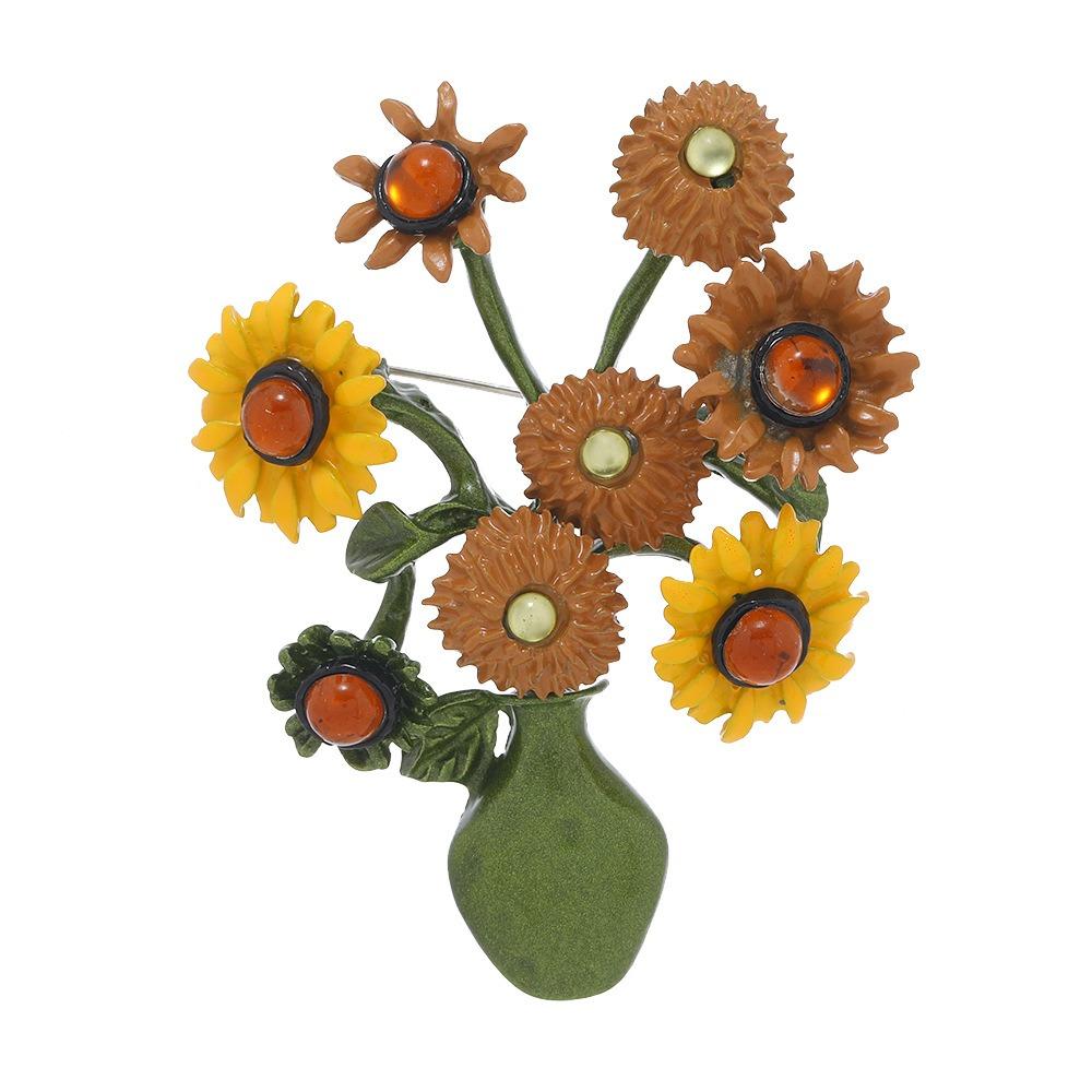 French Style Flower Brooch Gold Metal Pin Creative Oil Painting Sunflower Brooch  for Gift зелёный