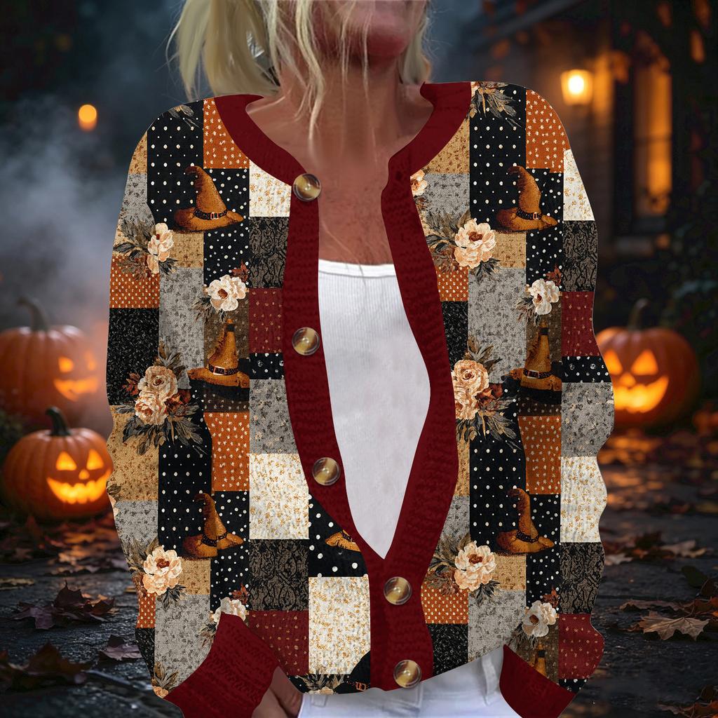 Damski kardigan z dzianiny z nadrukiem na Halloween, z długim rękawem, zapinany na guziki