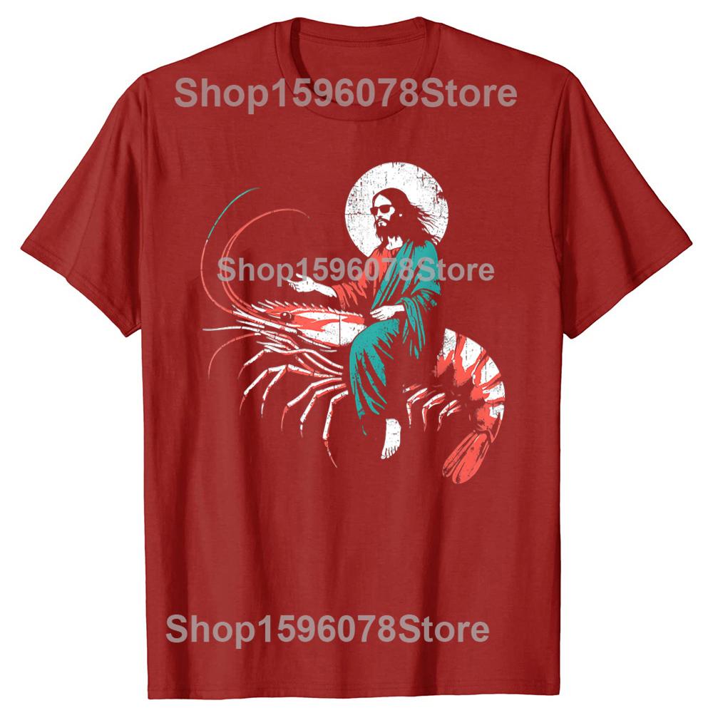 Funny Jesus Riding A Shrimp Funny Christian Lover T Shirts Men Humor Streetwear Tee Shirt Short Sleeve Unisex Loose Clothing