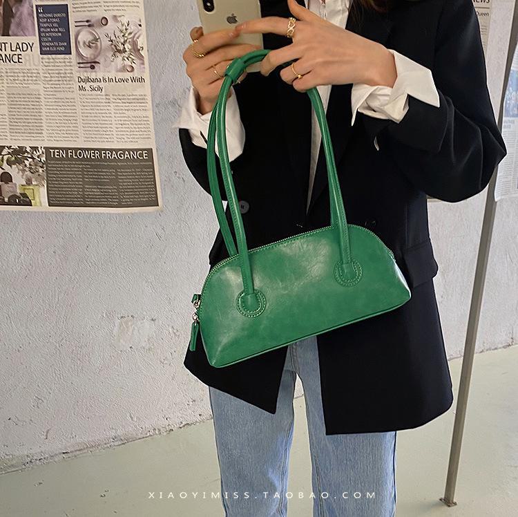 Women's Retro Waxed Leather Baguette Handbag - Niche, Versatile Candy Color Shoulder Bag