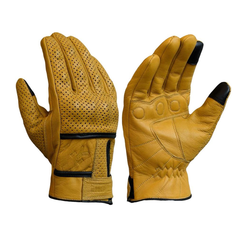 Genuine Leather Motorcycle with Goat Motorcycle Perforated Leather Gloves, Perforated, Breathable, Protectors, Leather, Gloves, (Yellow, LL)