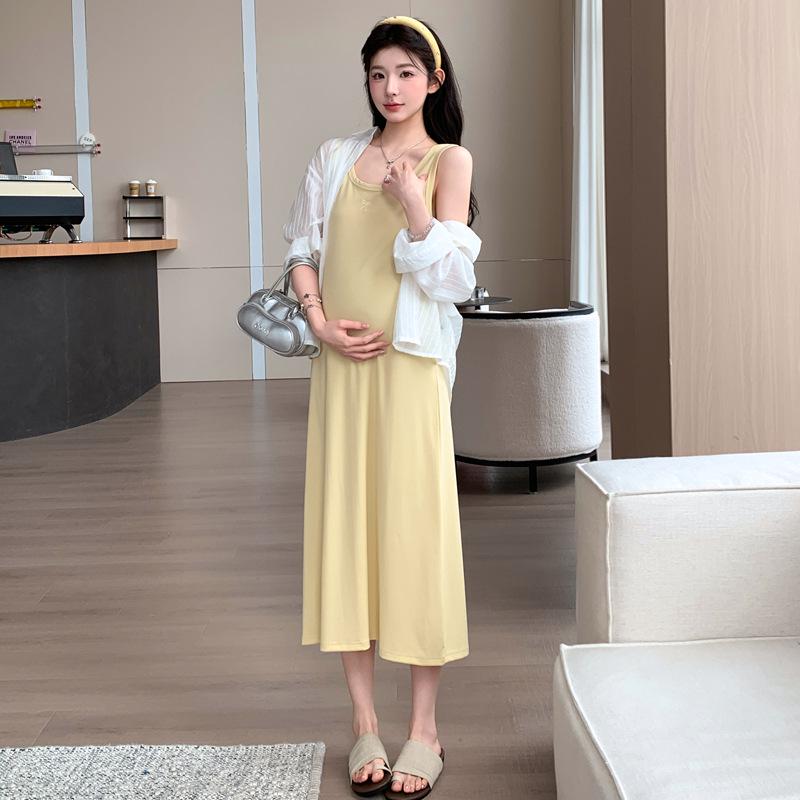 

2026 Summer Maternity Tencel Striped Shirt & Bow Embroidery Cotton Vest Dress Set Large