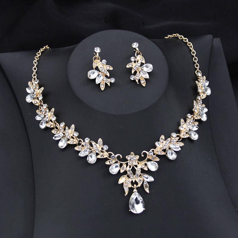 Exquisite 2 Pcs Set Flower Pink AB Crystal Bridal Wedding Jewelry Sets for Women Dangle Earrings and Necklace Sets Blue Green