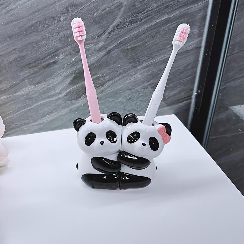 2 Cute Panda Toilet Toothbrush Holder, High Temperature Fired Ceramic Ultra Smooth ,No Drill Manual Toothbrush Stand Storage Rack for Couples