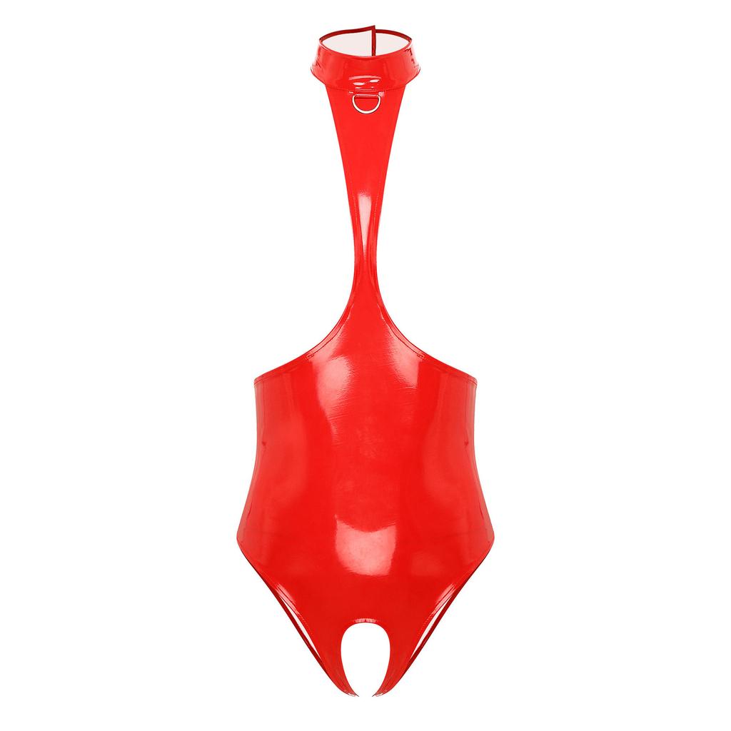 Damen Patentleder Offene Brust Neckholder Body Rückenloses Schrittloser Catsuit Ärmelloses Dessous