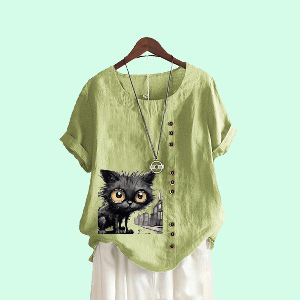 Modă Femei Top Mânecă Scurtă Gât Rotund Vară Larg Tricou In Laides Casua Bluză cu Imprimeu Pisică