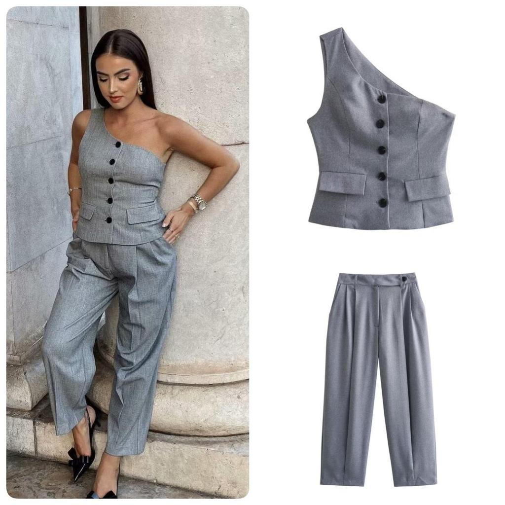 2024 Women's European and American Style Asymmetrical Neckline Vest & High Waist Pants Set