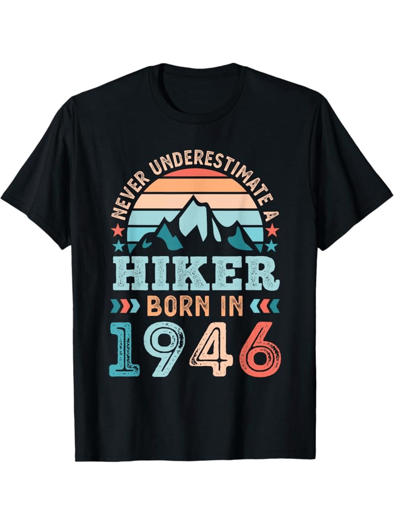 MenS 80th Birthday Hiking TShirt  Vintage 1946 Hiker Design with Mountain  Sun Graphic Born to Hike 80 Years Ago Slogan S