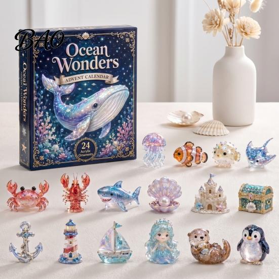 Weihnachtsgeschenk für Freunde Familie 2026 Meeresbewohner Adventskalender, 24-teiliges Acryl-Schmuckset mit festlicher Dekoration für Zuhause Meerestierfiguren,