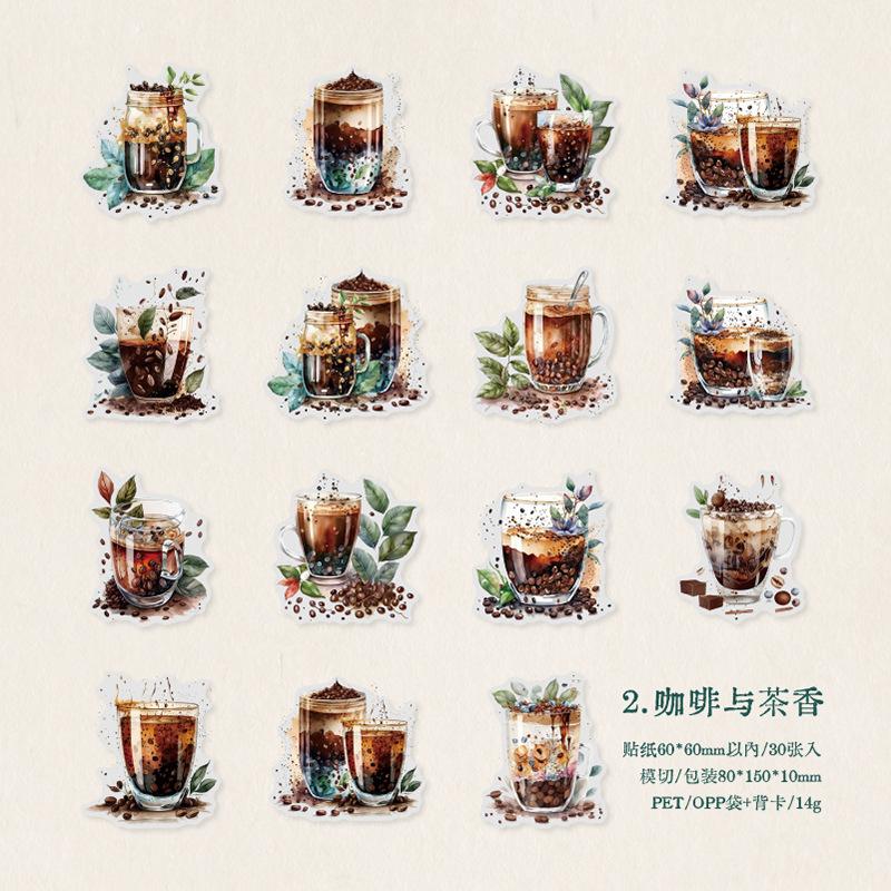 30 uds Paquete de pegatinas temáticas de café gourmet vintage para tienda de campaña a mano pegatinas decorativas DIY Material para Scrapbooking DIY