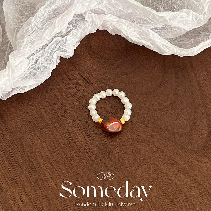 Pearl Beaded Ring Women's Elastic Rope Literary Stacking Index Finger Ring High-end Handmade Ring Jewelry