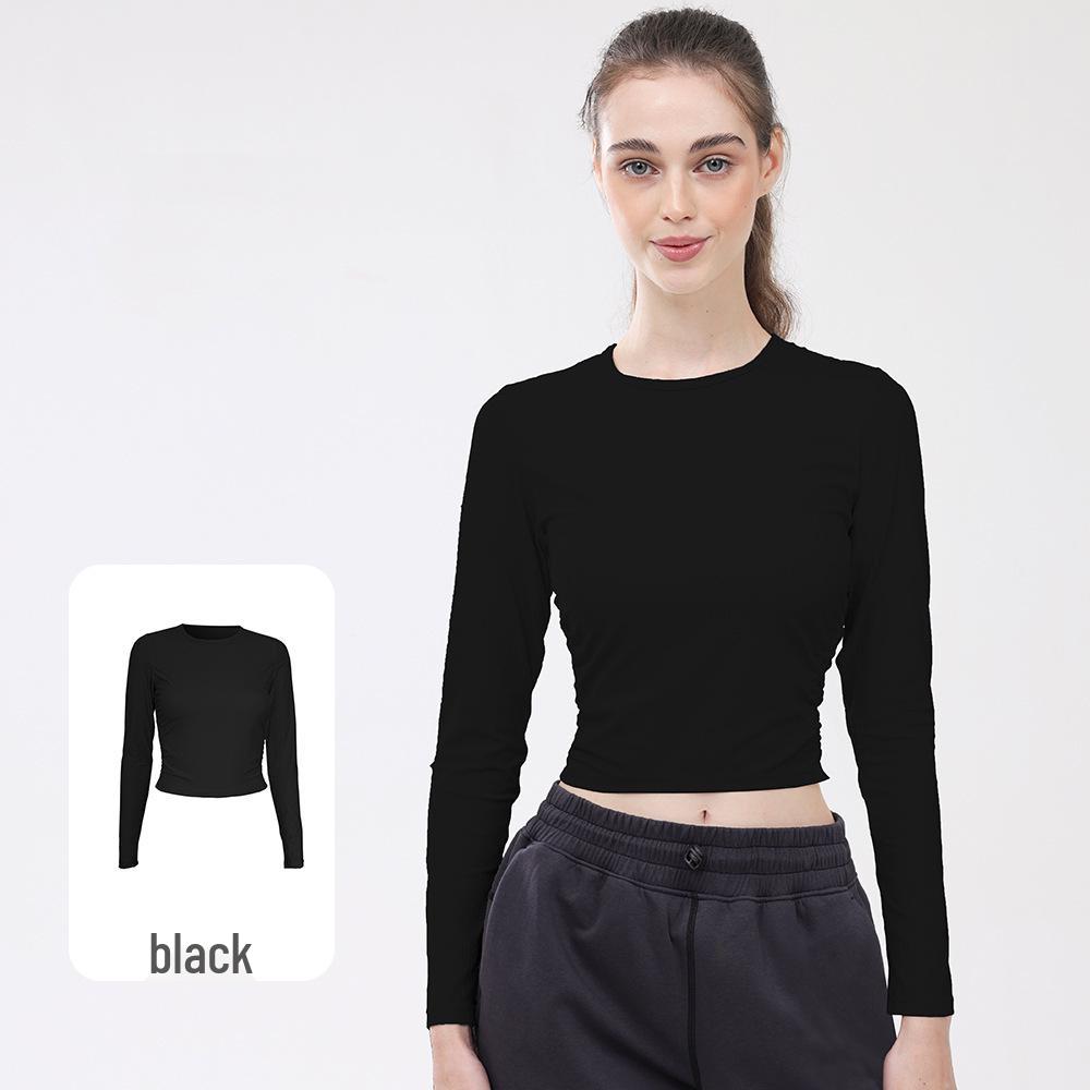 Women s Ribbed Waist Long Sleeve Yoga Top - Slim Fit Round Neck Versatile Layer S