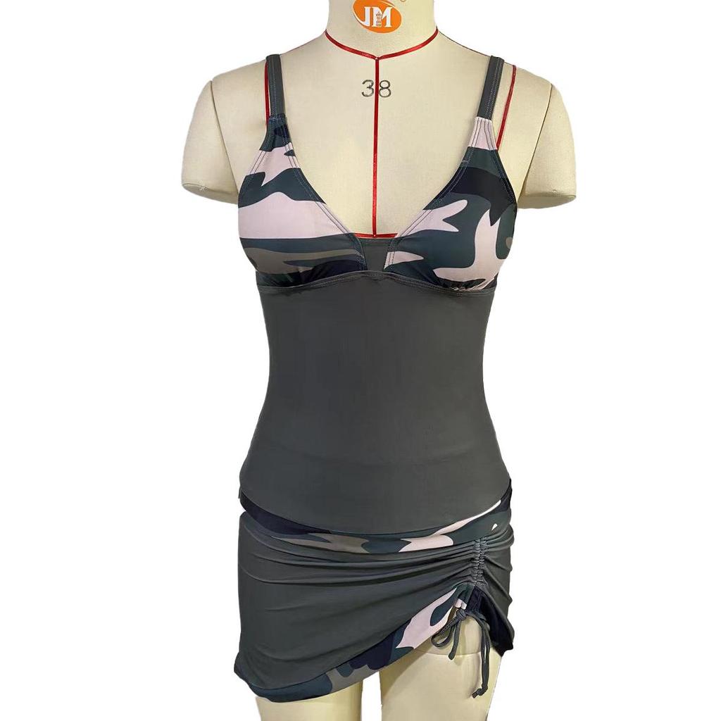 European & American Women's Halter V-Neck Backless Skirted Two-Piece Swimsuit