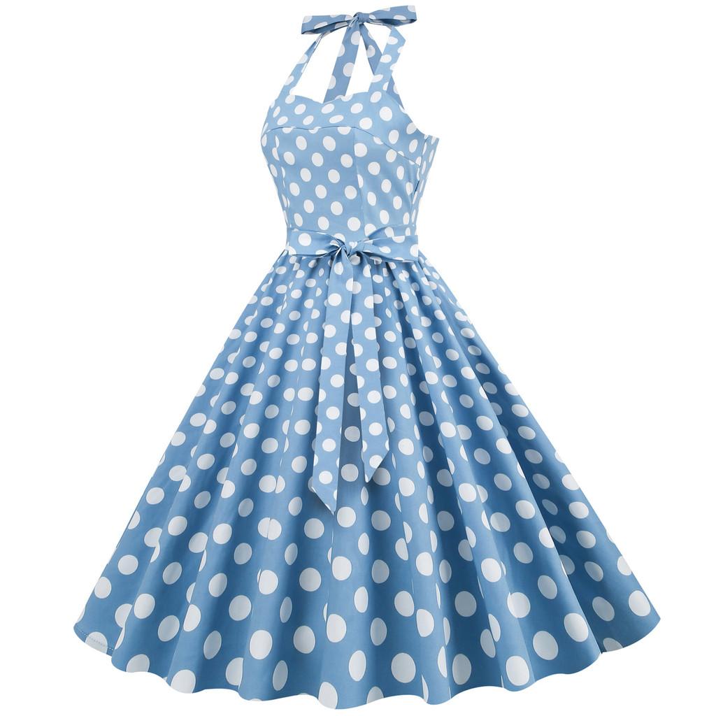 Vintage Polka Dot Cotton Dress With Tie Back And Offshoulder Design For Women