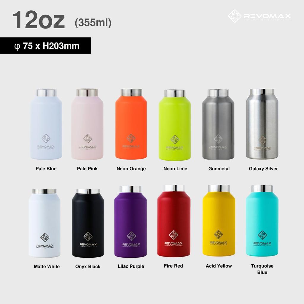 [REVOMAX Official] 12oz 355ml Carbonated Stainless Steel Bottle (Cap Sold Separately), Keeps Hot Drinks Hot for 18 Hours, Cold for 36 Hours, Vacuum