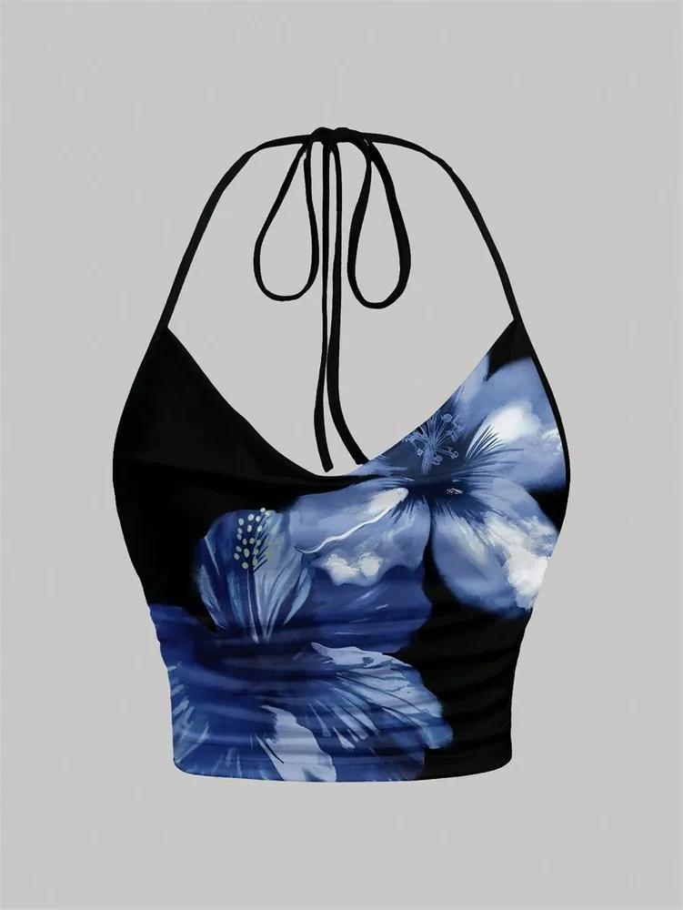 

Crop Top phumee Backless Halter Solid Deep V-neck Tie-dye A2515 S чорний