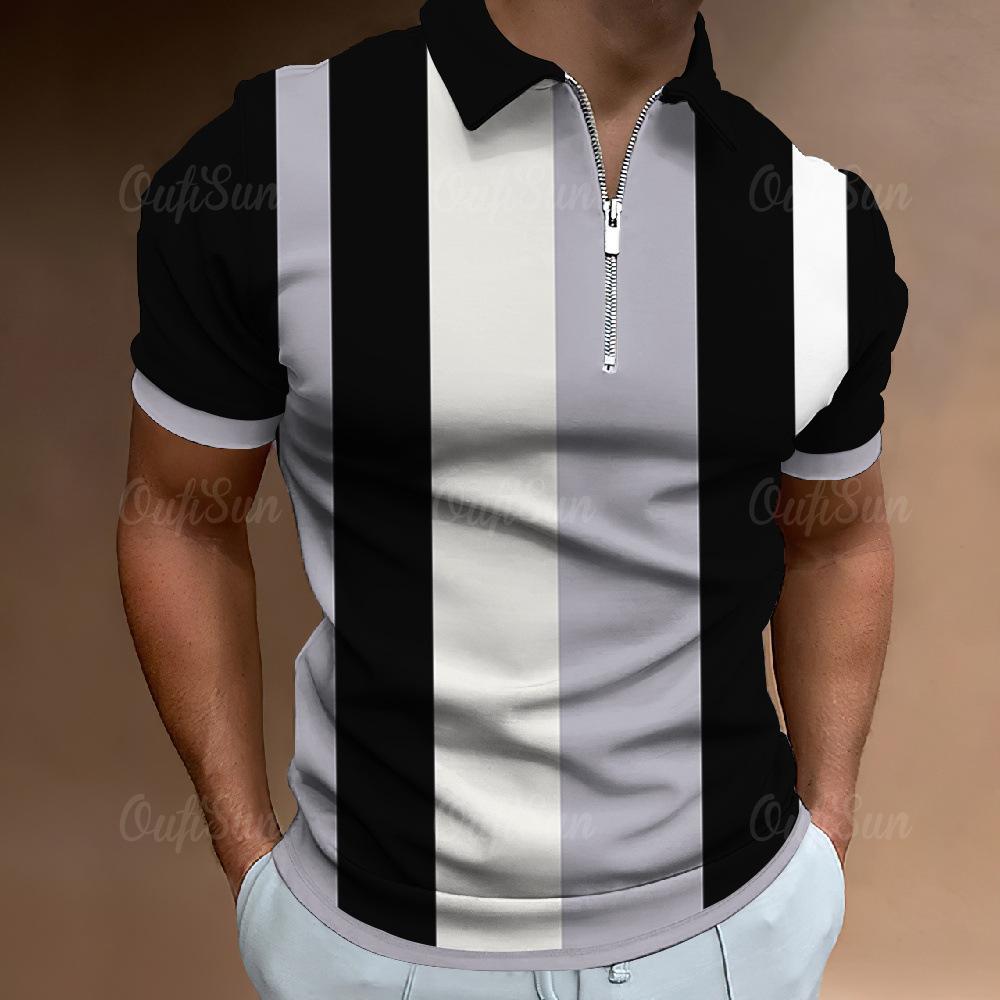 Independent Station Men'S Polo Shirt 3D Digital Printing Half Zipper Vertical Striped Short Sleeve Lapel Top