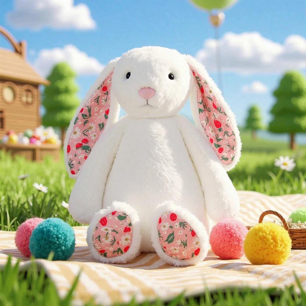 Soft Fluffy Easter Rabbit Plush Toy Cute Long Ears Rabbit Plushies Stuffed Floral Bunny Animal Doll Home Decor Gifts Girl