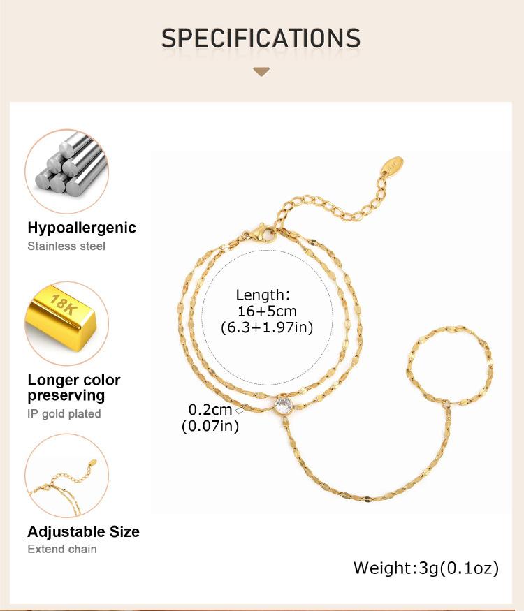 Bracciale Anello a Catena a Mano in Acciaio Inossidabile per Donna, Braccialetti Dita a Doppio Strato Placcati Oro Regolabili, Gioielli per Feste Estive