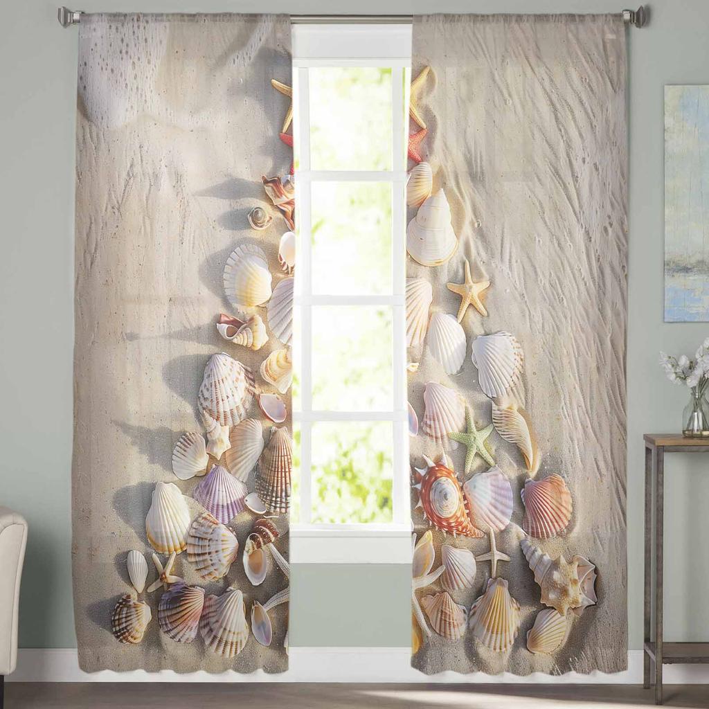Christmas Tree Beach Shell Sea Star Conch Sheer Curtains Modern Gauze Curtain for Living Room Bedroom Voile Yarn Curtains