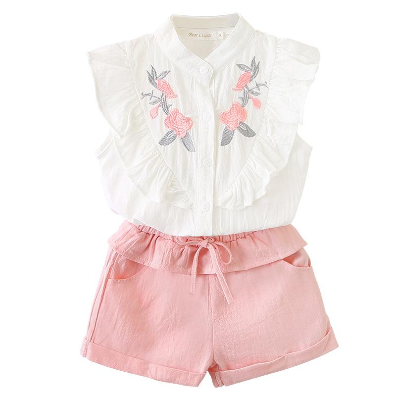 Hot-selling Girls' Embroidered Sleeveless Shirt and Shorts Two-piece Set for Summer