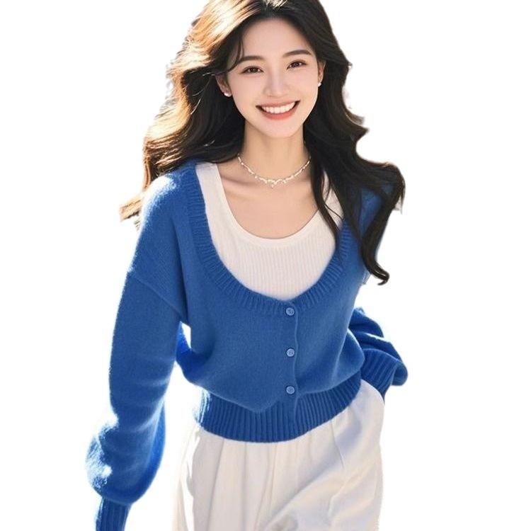 Blue Fake Two Piece Knit Top Women Autumn Winter Beautiful Sweater