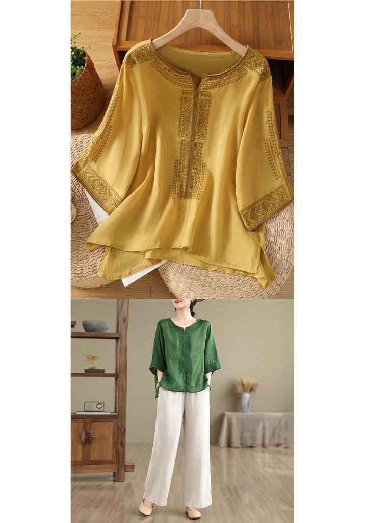 Elegant Chiffon Top: Popular Chinese Style Mid-Aged Women's Five-Point Sleeve Printed T-Shirt