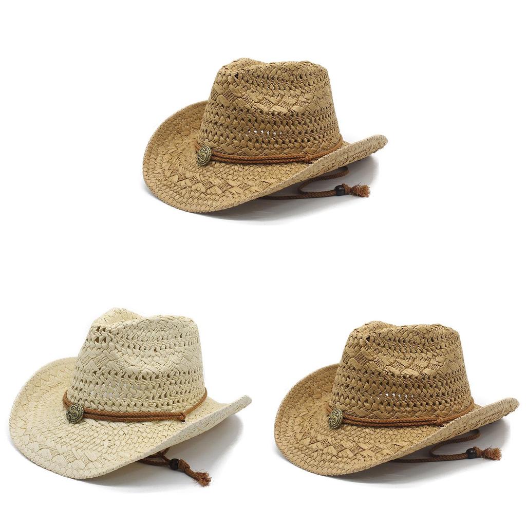 Ethnic Style Foldable Raffia Straw Hat With Wide Brim Sun Protection For Summer Beach Wear