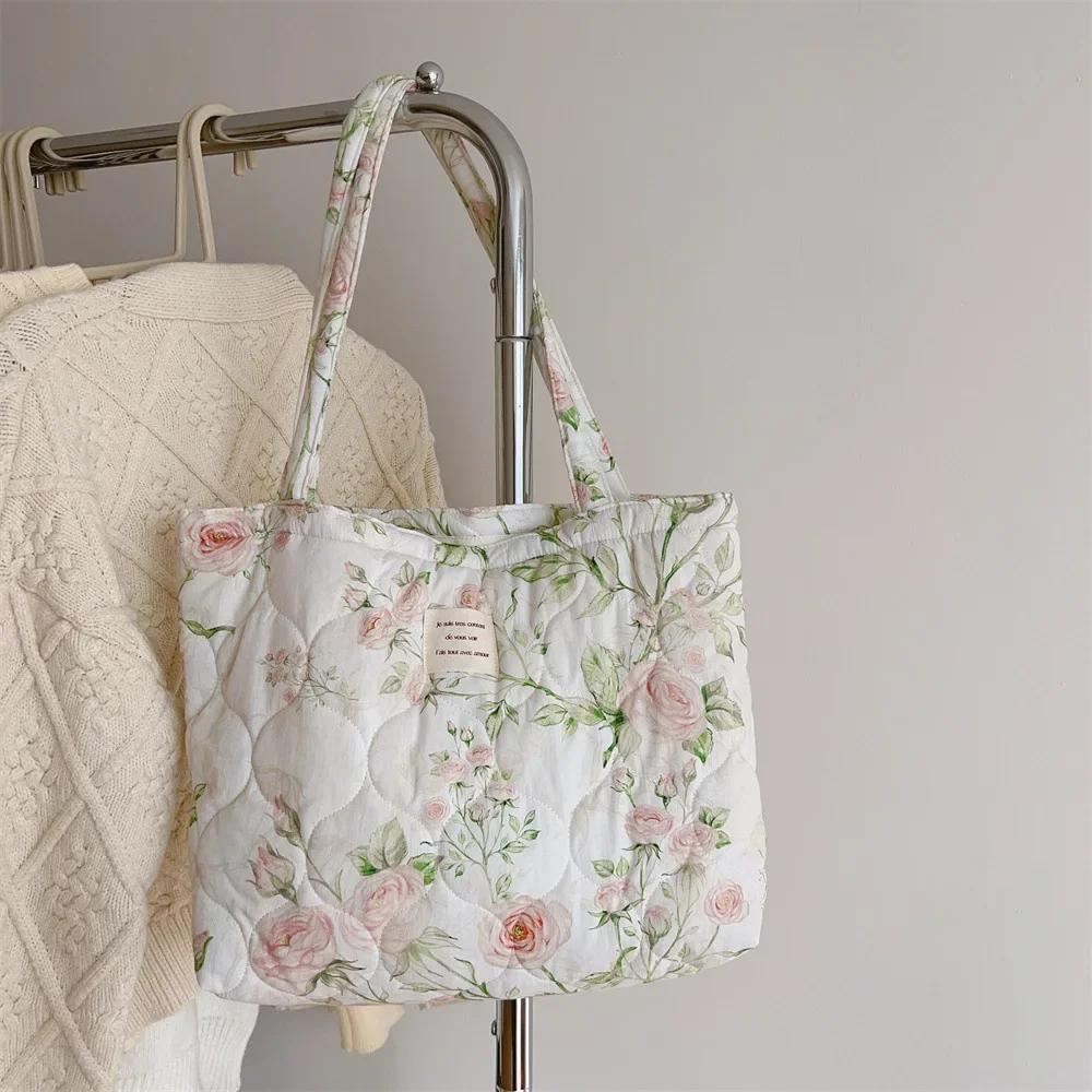 Cotton Floral Tote Bag for Women  Handbag Trendy Chic Puffy Top Handle Bag Quilted Padded Shoulder Bag Designer Shopper Bags
