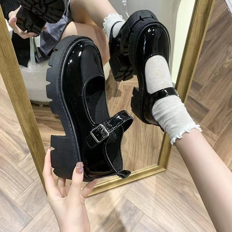 Small leather shoes women's spring new British college style bright leather high heels single shoes round head platform Mary Jane shoes women
