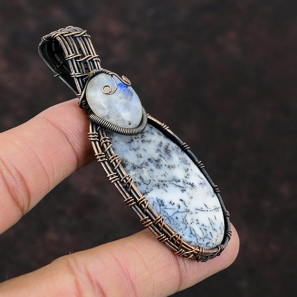 Dendrite Opal Pendant Copper Wire Wrapped Pendant Rainbow Moonstone Gemstone Jewelry Healing Stone Pendant Handmade Copper Wire Wrap Jewelry