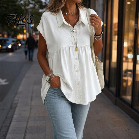 Women Shirt Denim Shirt, Lapel Short Sleeve Tops, Pure Color Relaxed Fit Tops Ruffle Splicing Casual for Work Parties Vacations Dates Summer