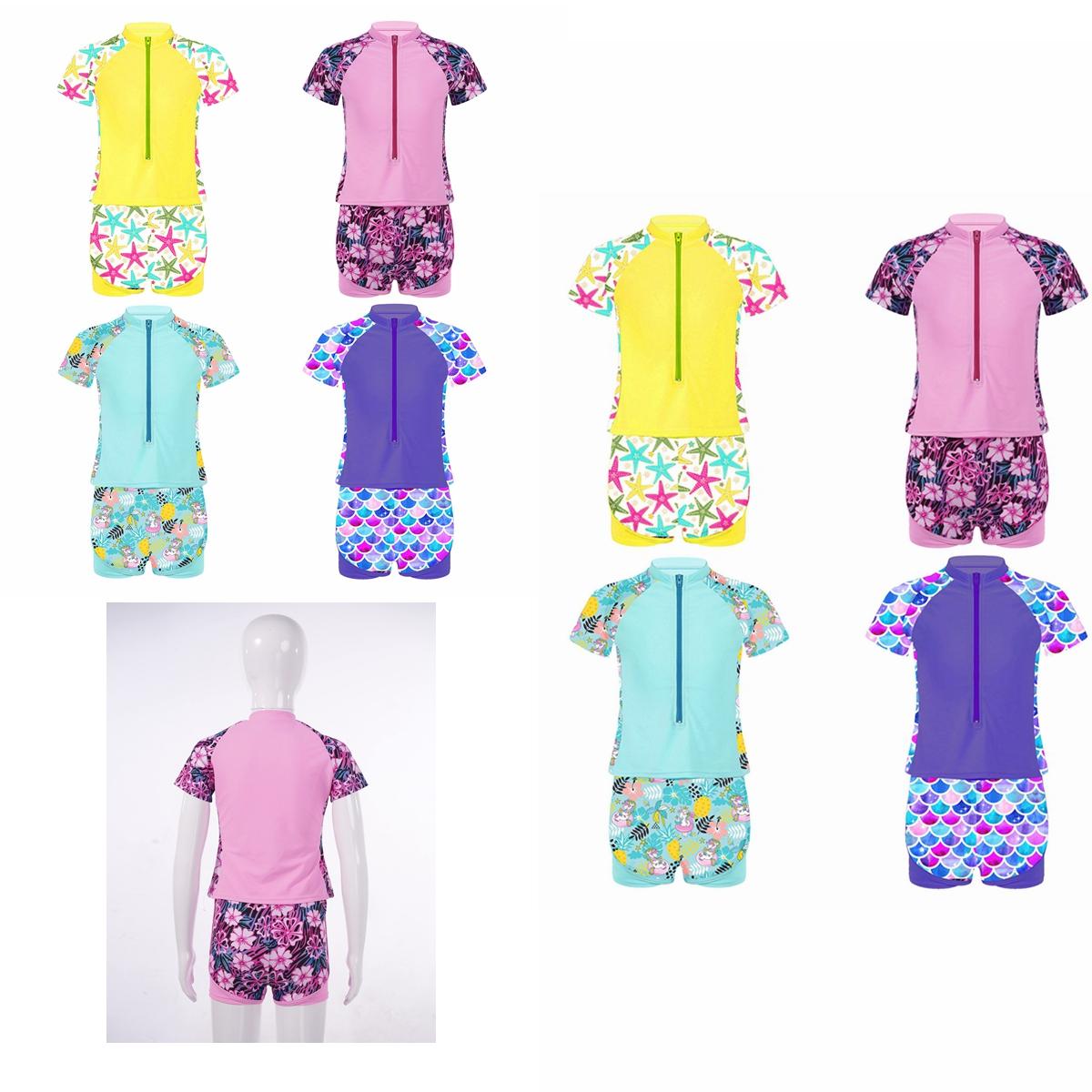 

Клубний одяг Швидко висихаючий купальний костюм з мультяшним квітковим принтом, застібка-блискавка спереду, топи з короткими рукавами + шорти з еластичним поясом