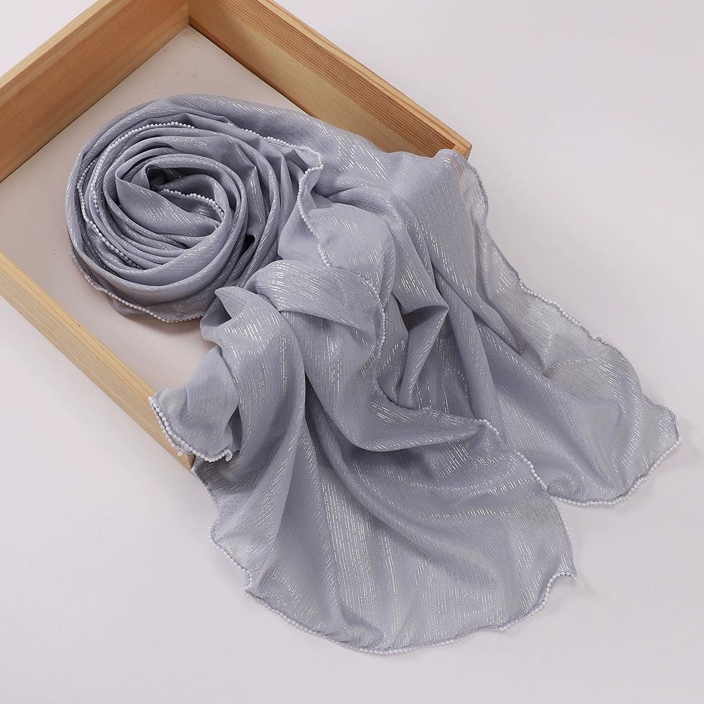 Chiffon Gold and Silver Wire Light Thin Women's Casual Pearl Edge Shawl Headscarf Hijab Scarves