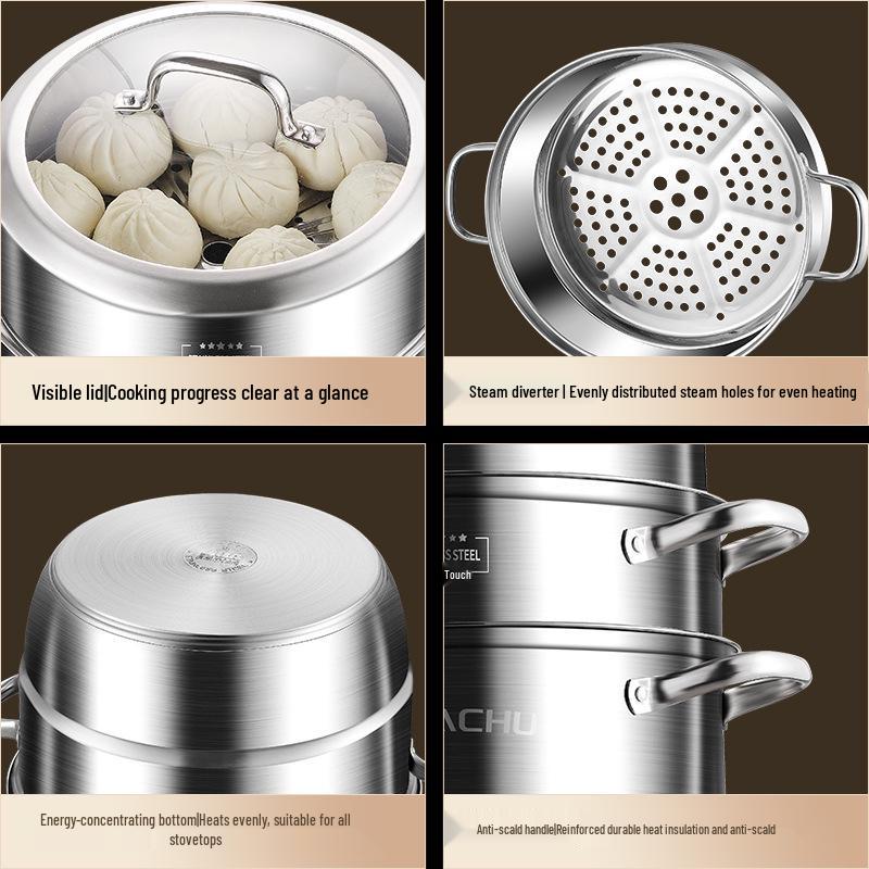 Vaporiera a tre strati in acciaio inossidabile: Multifunzionale, Grande Capacità per Cucine a Induzione e a Gas