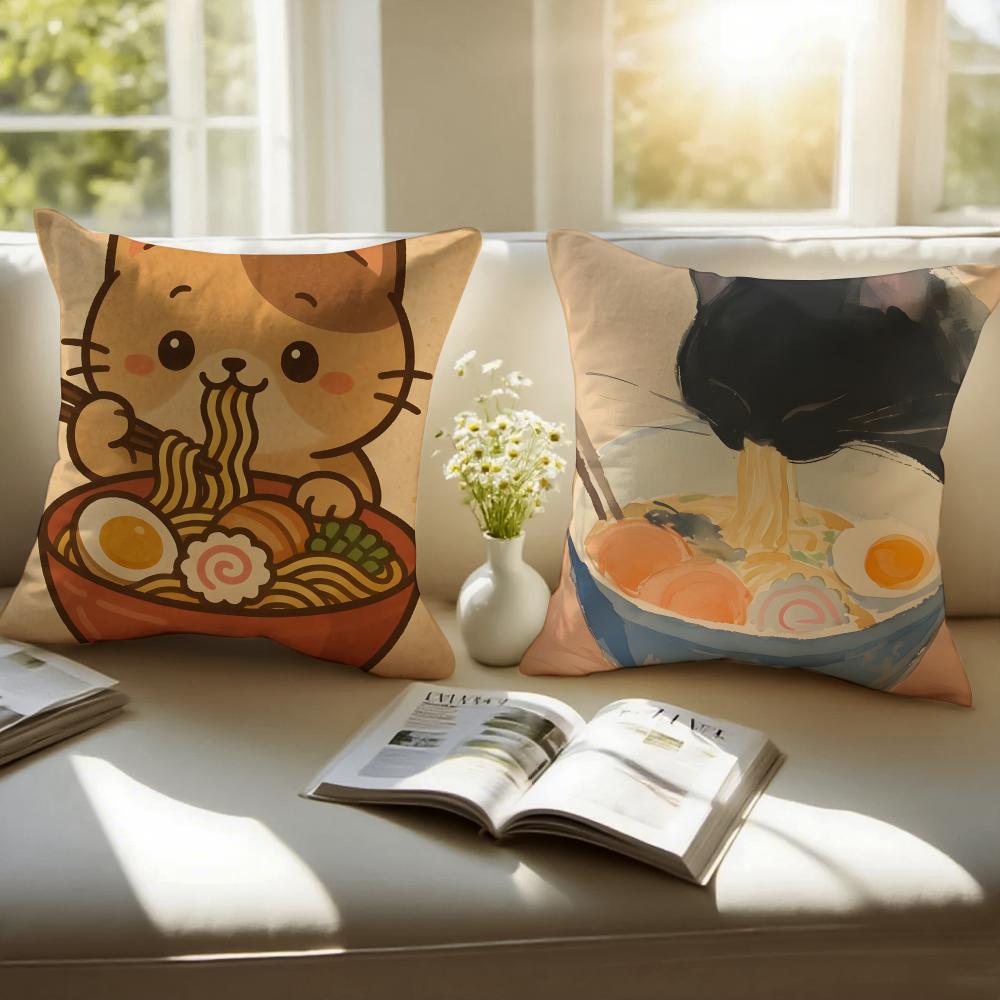 R-Ramen Animal Anime Painting Cushion Cover Pillowcase Anti-Dustmite Invisible Zipper Short Plush Sofa Cushion