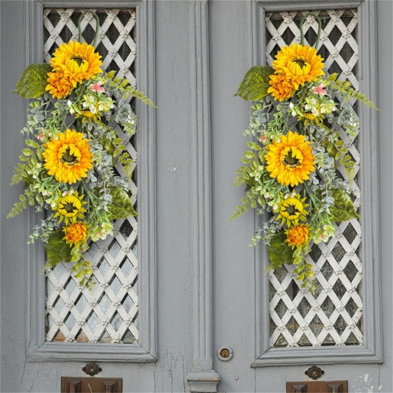 Yellow Sunflowers Wreath Realistic Artificial Sunflowers Wreath Spring Summer Wreath with Leaves for Front Door Decor