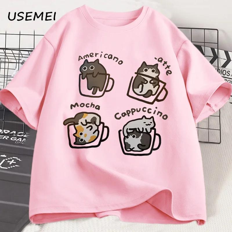 Funny Cute Coffee Cat Tshirt for Women Men Fashion  Loose Short Sleeve T-shirt Mocha Latte Cat Humor Cat Lover T Shirt